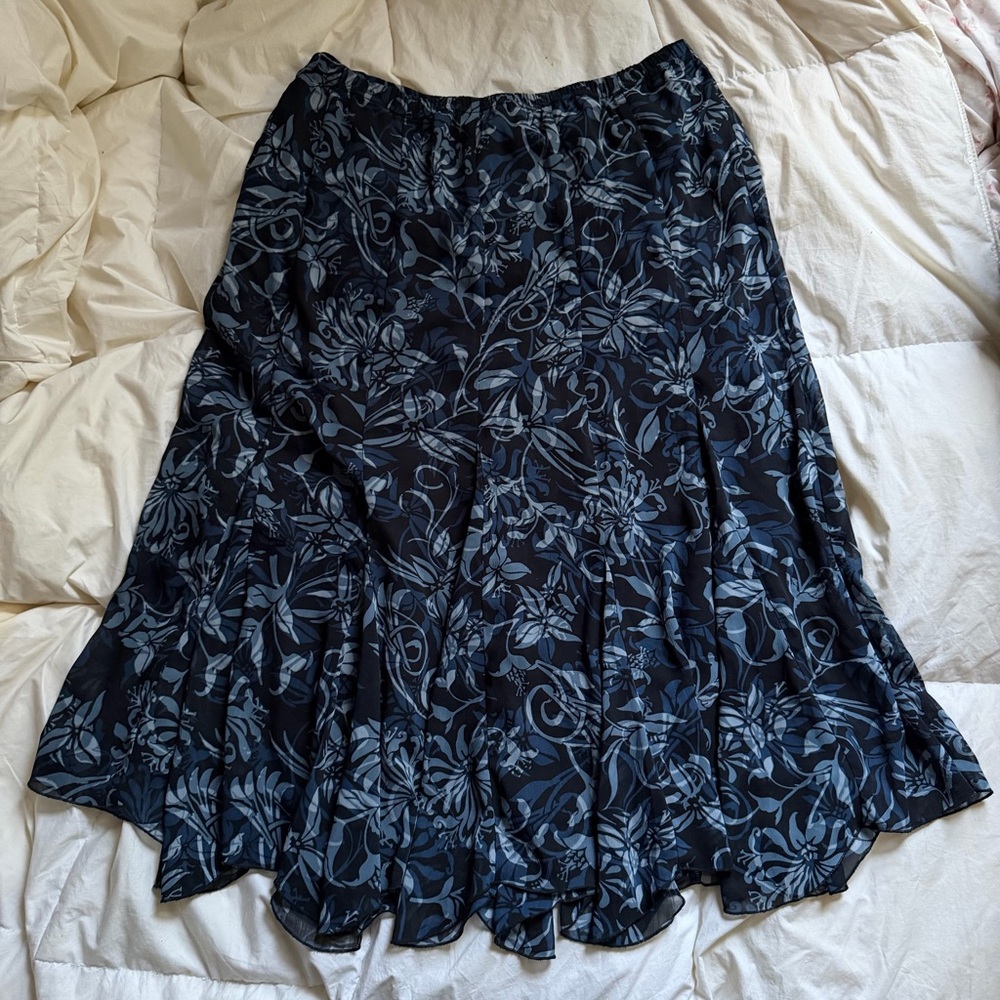 Encore Black Blue Floral Chiffon Maxi Skirt Sheer Overlay 90s Fashion